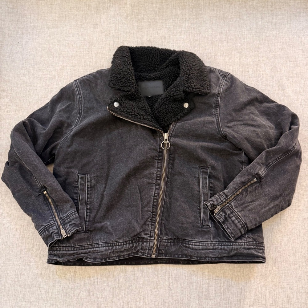 Lucky Brand Denim Sherpa Lined Moto Jacket Women's Large Asymmetrical